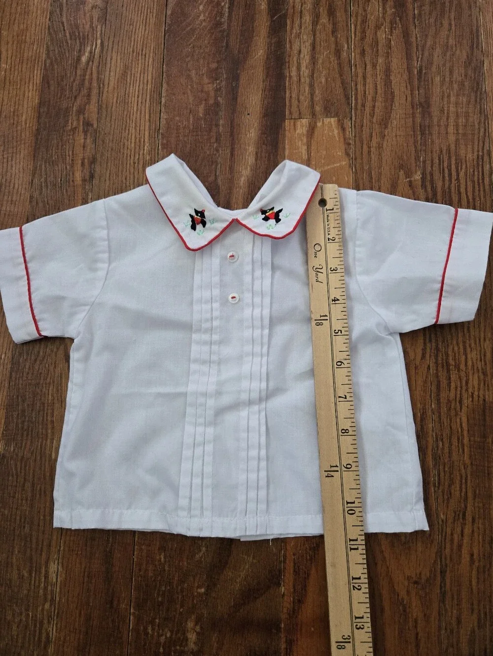 Vintage Baby 2Pc Set Red Velvet Romper Scotty Dog Embroidered Shirt 12-18M